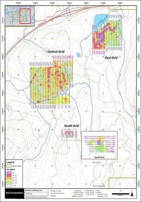 Map 2: Overview of soil sampling on the King Project by Barranco Gold Mining Corp. The map displays copper concentrations (Cu in ppm) across the “Central Grid,” “East Grid,” and “South Grid” survey areas. Elevated copper anomalies (shown in red/pink). (CNW Group/Barranco Gold Mining Corp) Map 2: Overview of soil sampling on the King Project by Barranco Gold Mining Corp. The map displays copper concentrations (Cu in ppm) across the “Central Grid,” “East Grid,” and “South Grid” survey areas. Elevated copper anomalies (shown in red/pink). (CNW Group/Barranco Gold Mining Corp)
